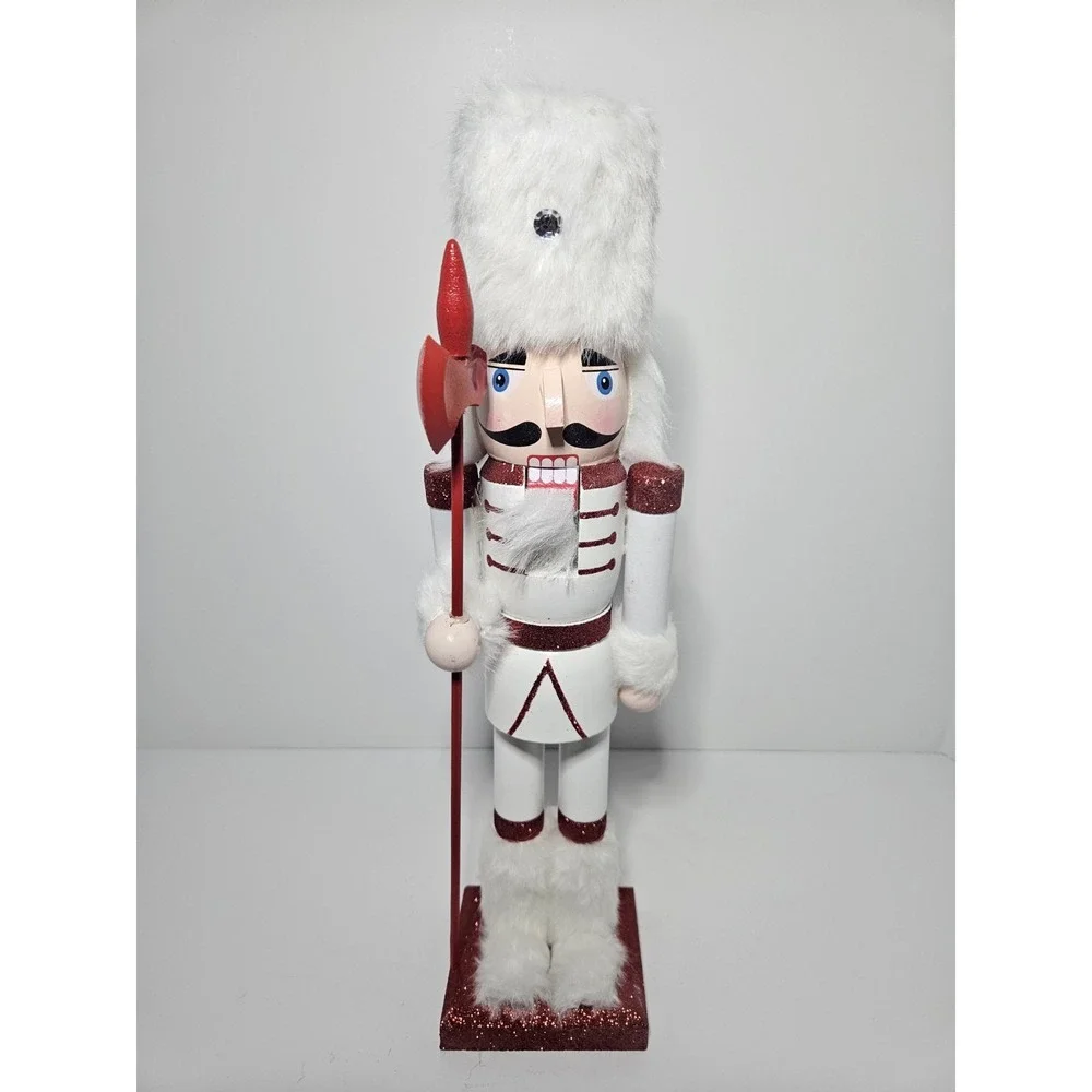 Wooden Nutcracker Guard Soldier Christmas Decor White Red Glitter Fur Hat Spear